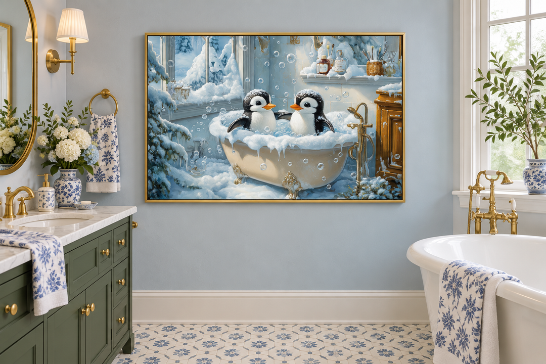 Framed canvas wall art of two penguins in a bubble-filled bathtub within a snowy bathroom scene.