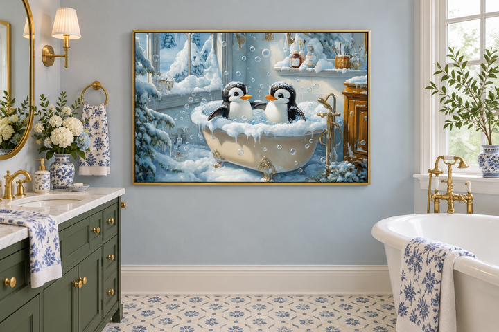 Framed canvas wall art of two penguins in a bubble-filled bathtub within a snowy bathroom scene.