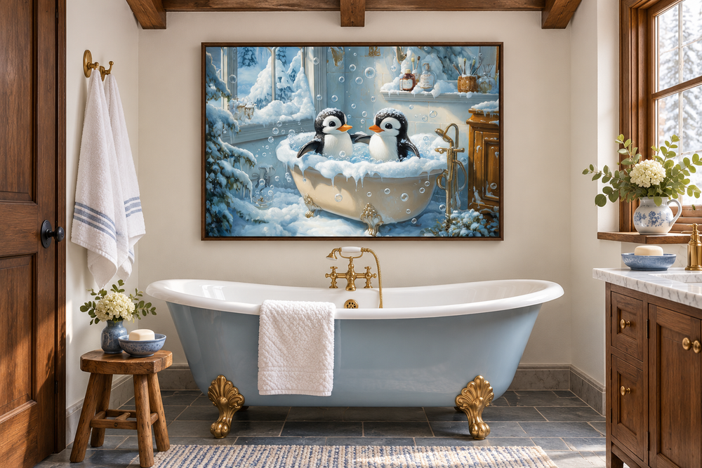 Framed canvas art of two penguins in a bathtub, hanging above a blue clawfoot tub in a bathroom.