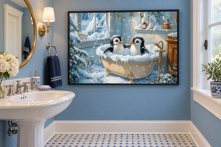 Penguins in a Bathtub Framed Canvas Wall Art hanging in a blue bathroom above a white sink.