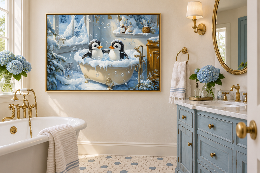Framed canvas wall art of two penguins in a bathtub, displayed in a blue and gold bathroom.