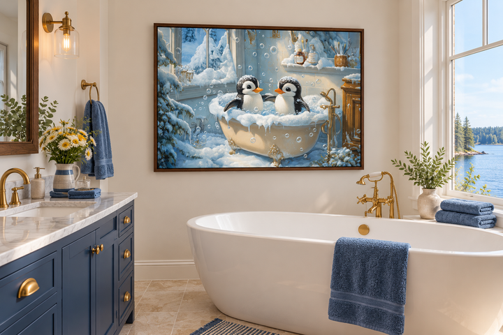 Penguins in a bathtub framed canvas wall art hanging in a modern bathroom with blue cabinets.
