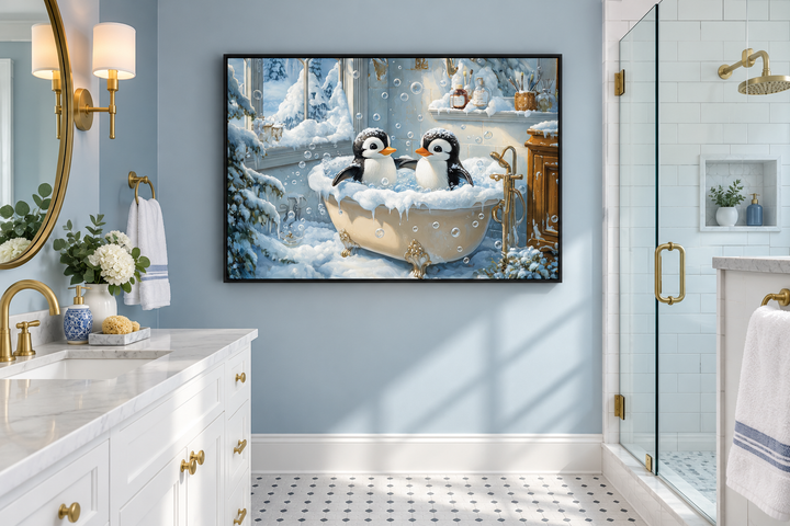 Framed canvas wall art of two penguins in a snowy clawfoot bathtub in a blue bathroom.