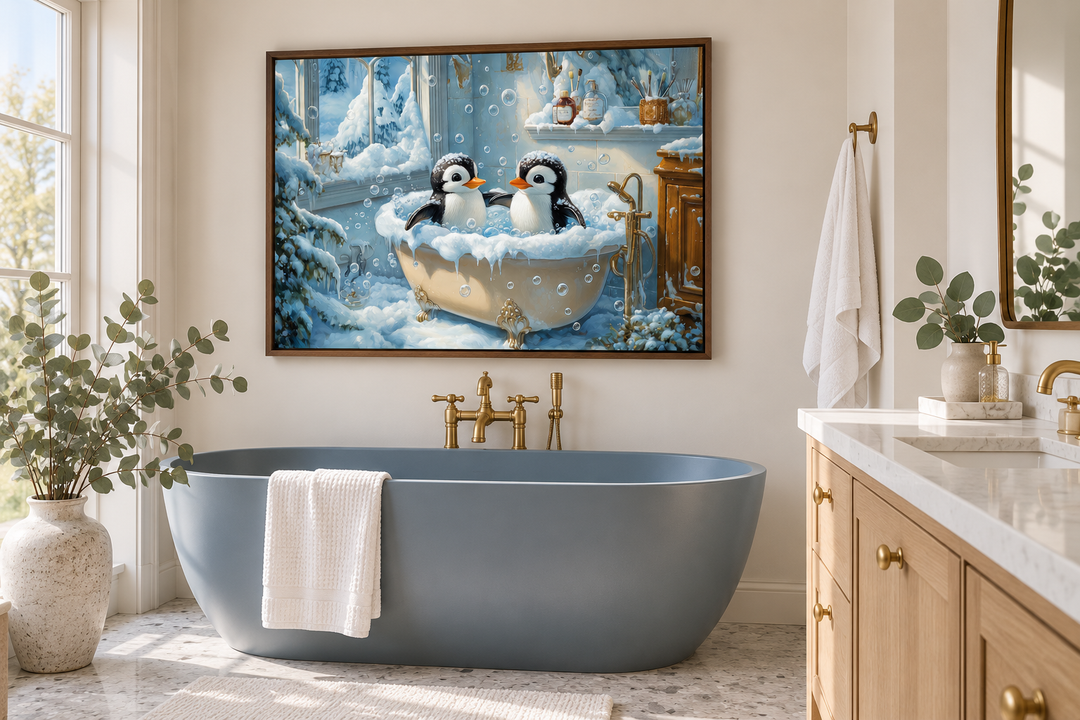 Framed canvas wall art of two penguins in a snowy bathtub, hanging in a modern bathroom.