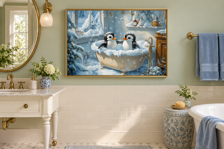 Framed canvas wall art of two penguins in a bathtub, hanging in a sage green bathroom.
