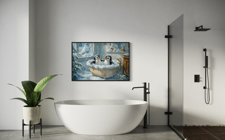 Penguins in a Bathtub Framed Canvas Wall Art