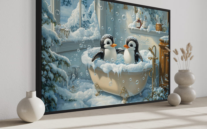 Penguins in a Bathtub Framed Canvas Wall Art