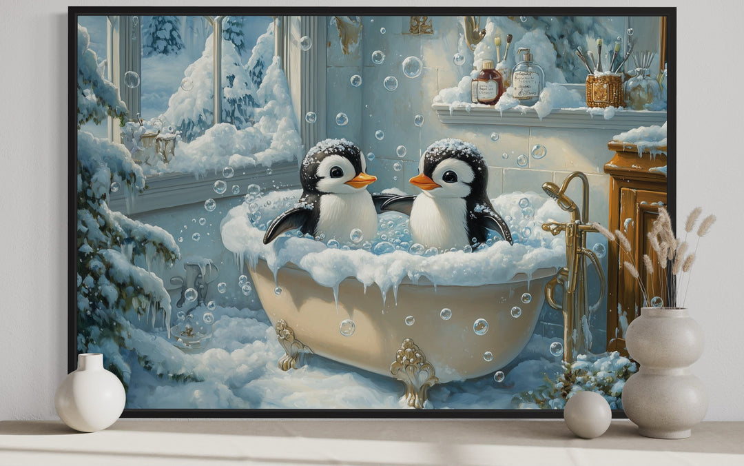 Penguins in a Bathtub Framed Canvas Wall Art