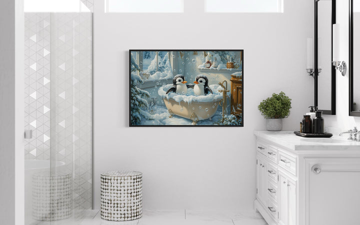 Penguins in a Bathtub Framed Canvas Wall Art