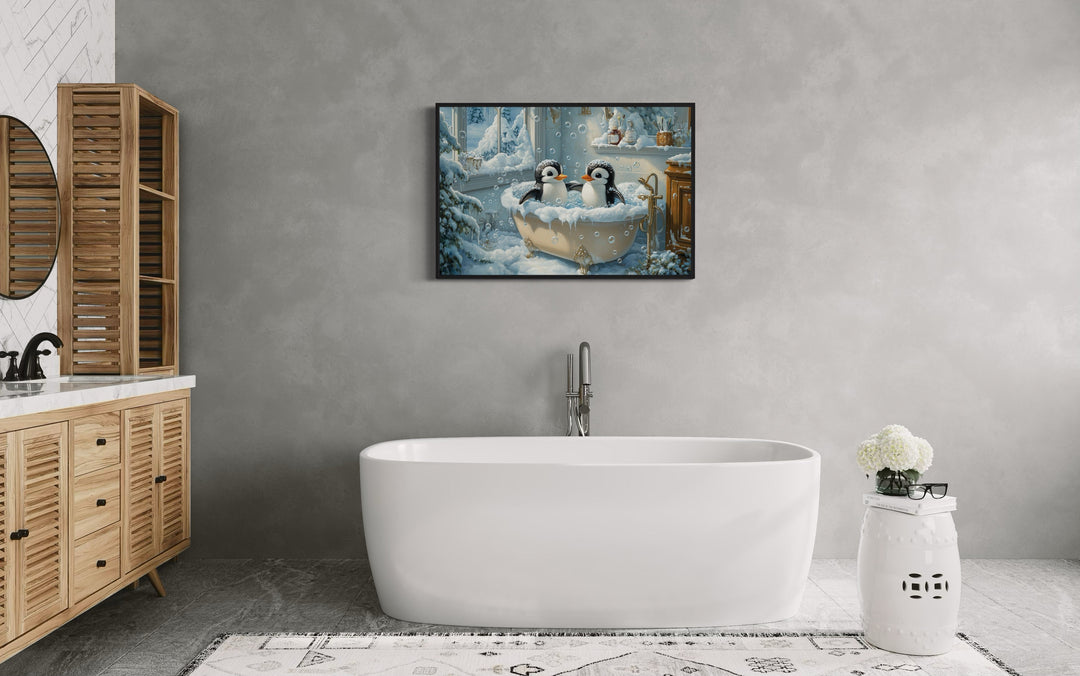 Penguins in a Bathtub Framed Canvas Wall Art