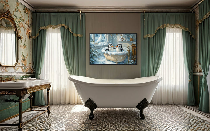 Penguins in a Bathtub Framed Canvas Wall Art