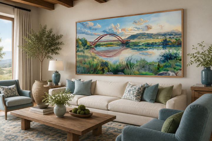 Pennybacker Bridge watercolor painting in a large wooden frame above a white sofa in a living room.