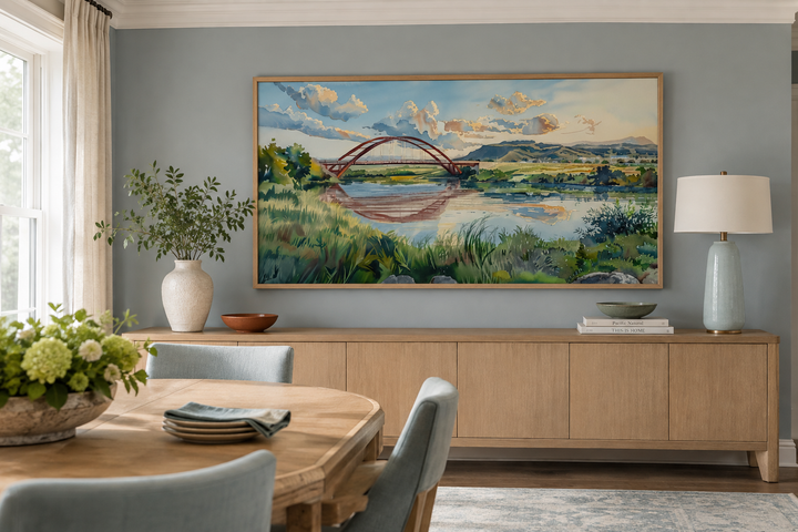 Pennybacker Bridge watercolor painting of Austin, Texas, in a thin wood frame above a sideboard.