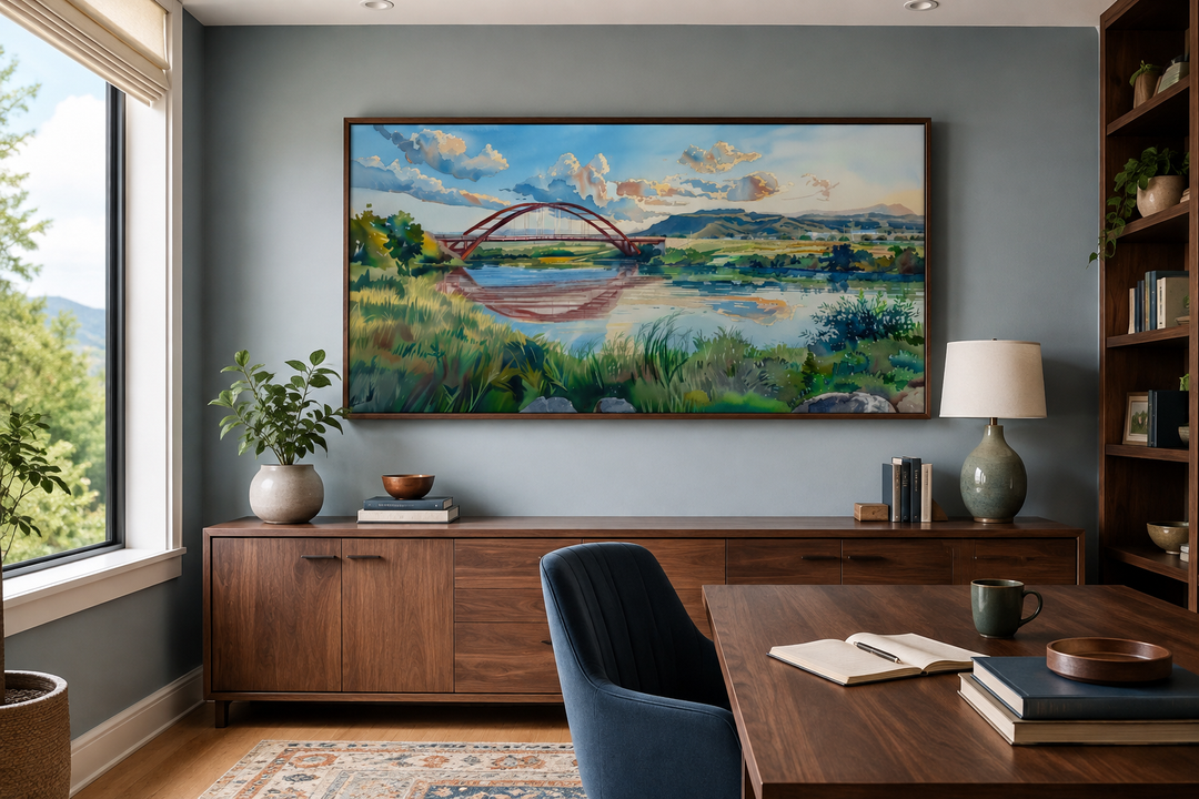 Framed watercolor painting of Pennybacker Bridge in Austin, Texas, hanging in a modern home office.