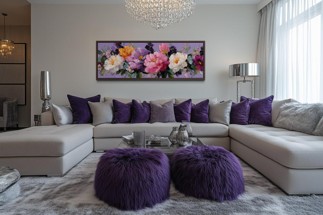 Long horizontal canvas wall art featuring a lush arrangement of purple and pink peonies.