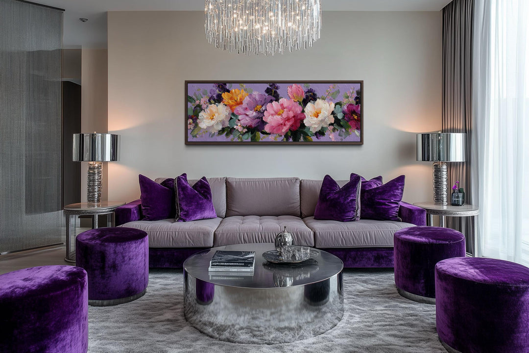 Long horizontal canvas wall art featuring a lush arrangement of purple and pink peonies.