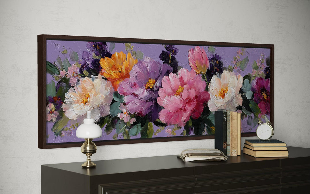 Horizontal canvas wall art featuring a textured oil painting of colorful peonies on a purple background.