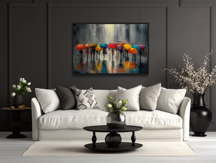 People With Colorful Umbrellas In Rainy City Framed Canvas Wall Art