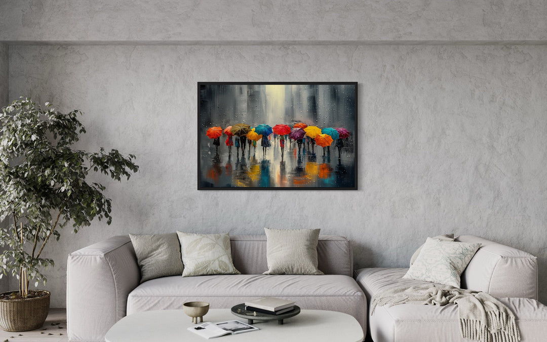 People With Colorful Umbrellas In Rainy City Framed Canvas Wall Art