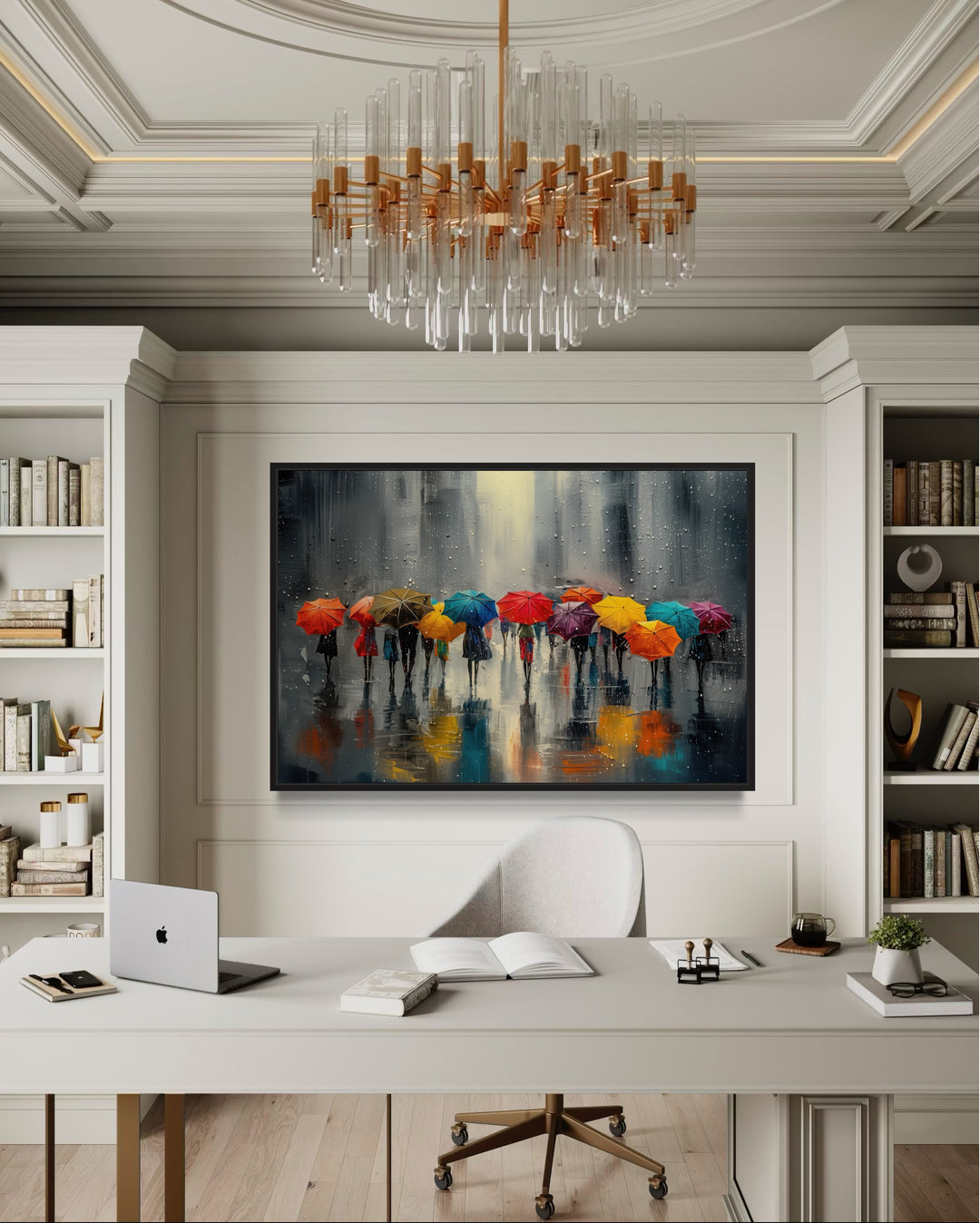 People With Colorful Umbrellas In Rainy City Framed Canvas Wall Art