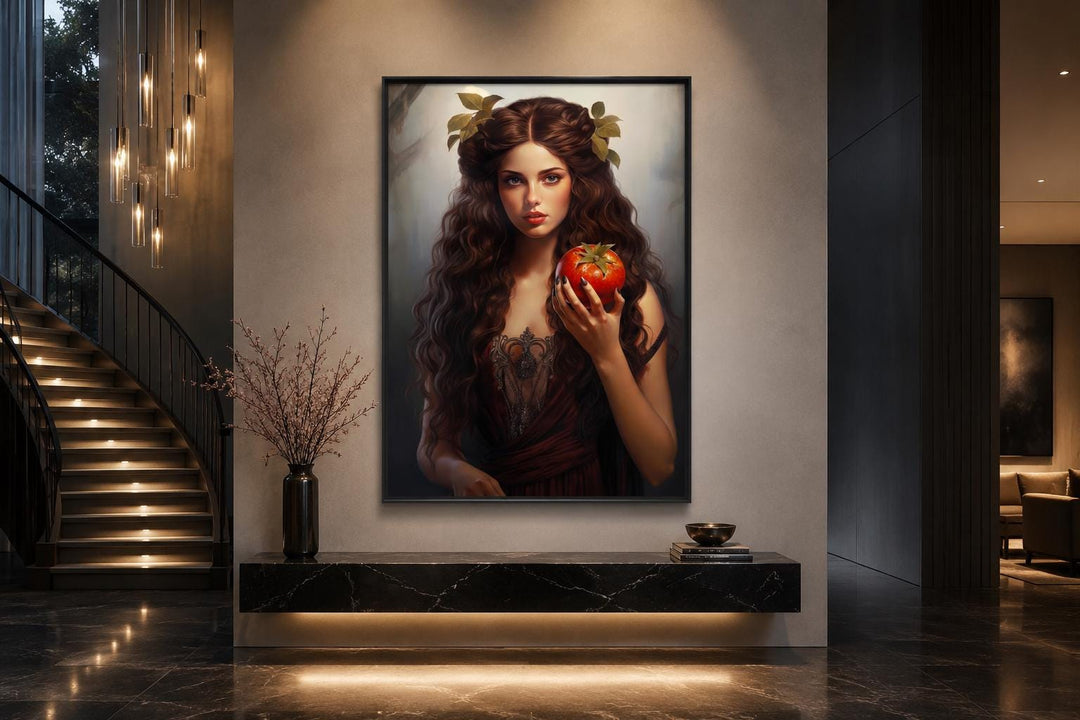 Persephone Greek Goddess canvas wall art featuring a woman with dark curls holding a pomegranate.