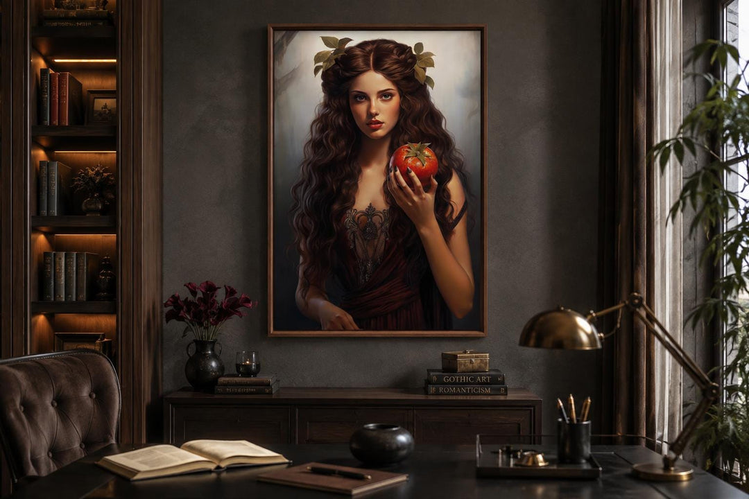 Persephone Greek Goddess canvas wall art in a gold frame above a dark wood desk in a library.