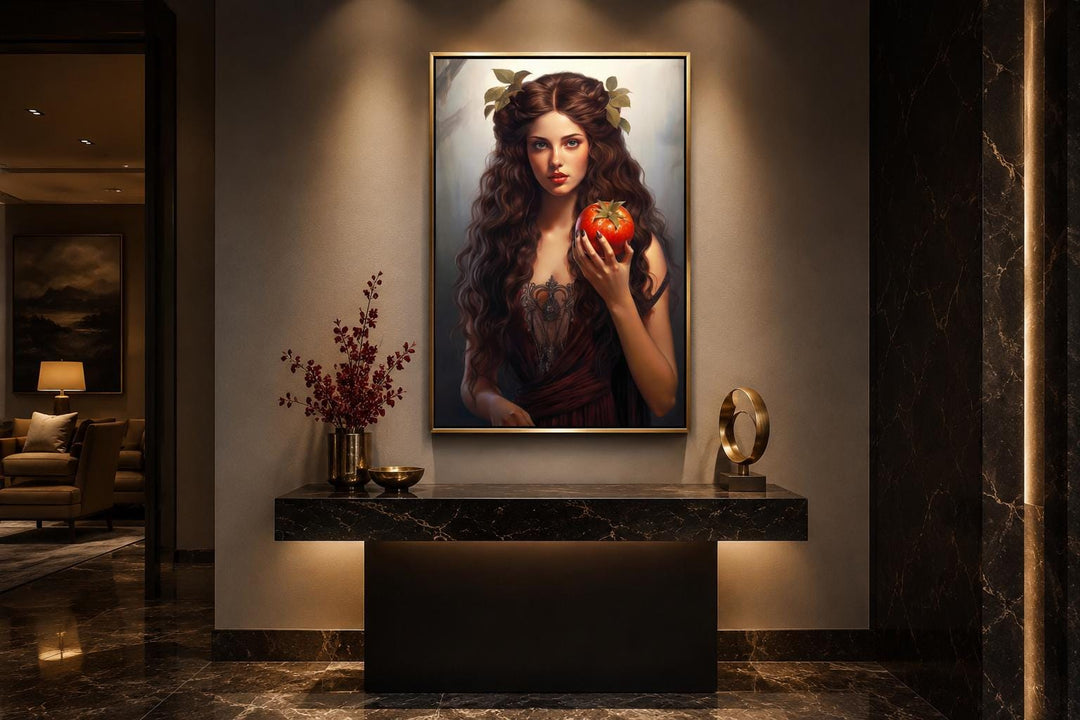 Persephone Greek Goddess canvas wall art in a gold frame above a marble console table.