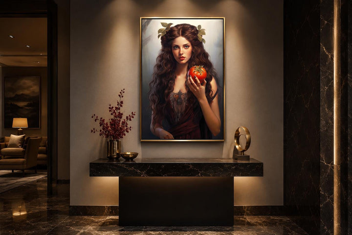 Persephone Greek Goddess canvas wall art in a gold frame above a marble console table.