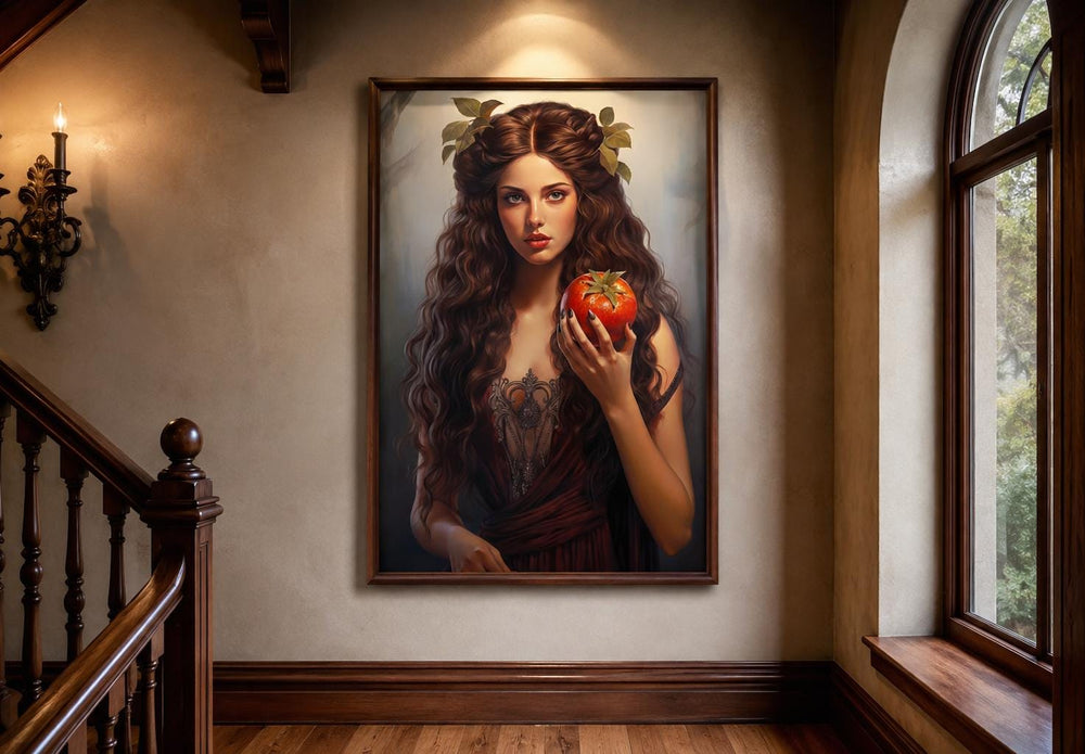 Persephone Greek Goddess canvas wall art featuring a woman with dark curls holding a pomegranate.