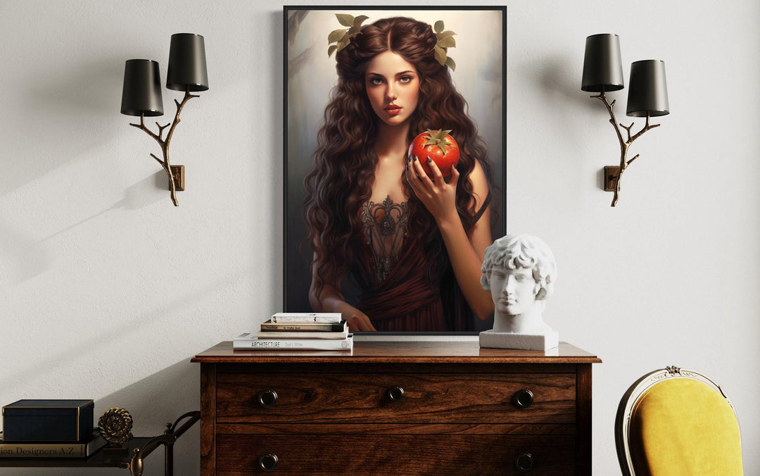 Persephone Greek Goddess canvas wall art featuring a woman with dark curls holding a pomegranate.