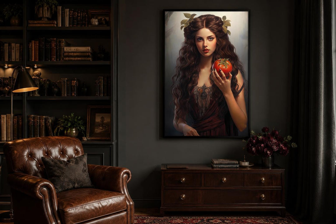 Persephone Greek Goddess canvas wall art featuring a woman with dark curls holding a pomegranate.