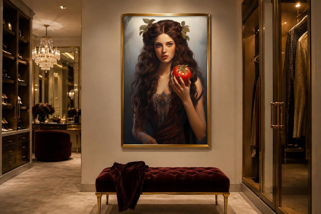 Persephone Greek Goddess canvas wall art in a gold frame, featuring a woman holding a pomegranate.