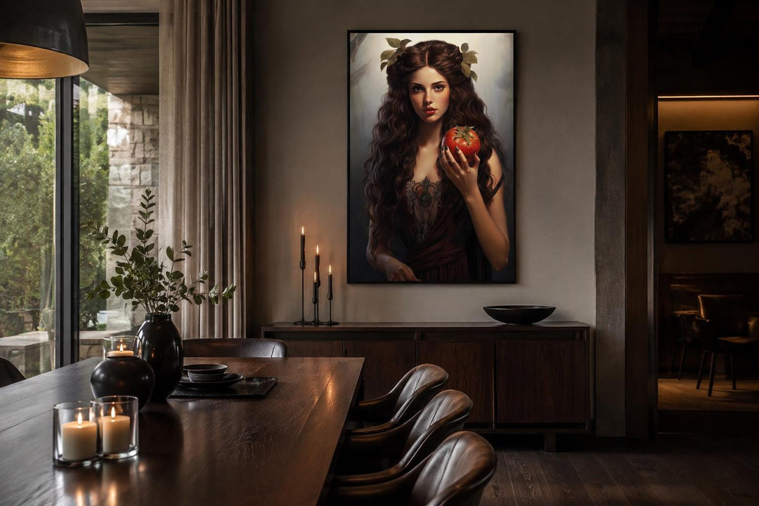 Persephone Greek Goddess canvas wall art in a dark frame above a sideboard in a dining room.