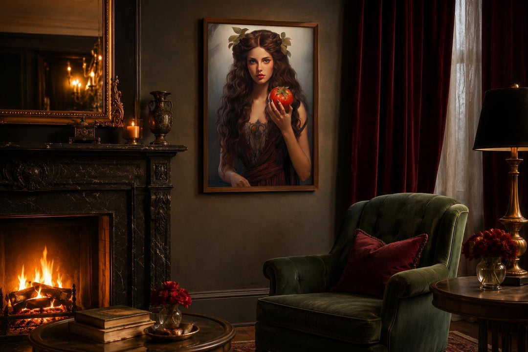 Persephone Greek Goddess canvas wall art in a gold frame above a fireplace in a moody room.