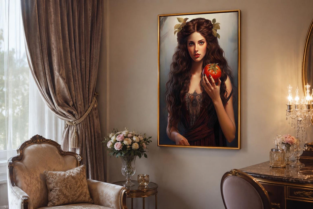 Persephone Greek Goddess canvas wall art in a gold frame, featuring a woman holding a pomegranate.