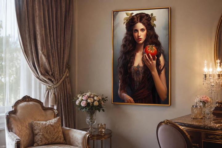 Persephone Greek Goddess canvas wall art in a gold frame, featuring a woman holding a pomegranate.