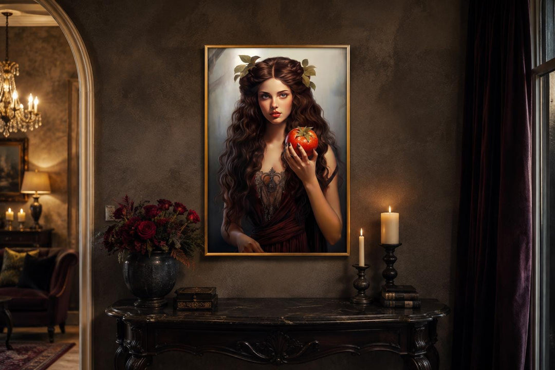 Persephone Greek Goddess canvas wall art in a gold frame, featuring a woman holding a pomegranate.
