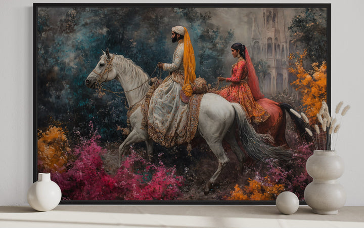 Persian Couple Horseback Ridings - Middle Eastern Framed Canvas Wall Art