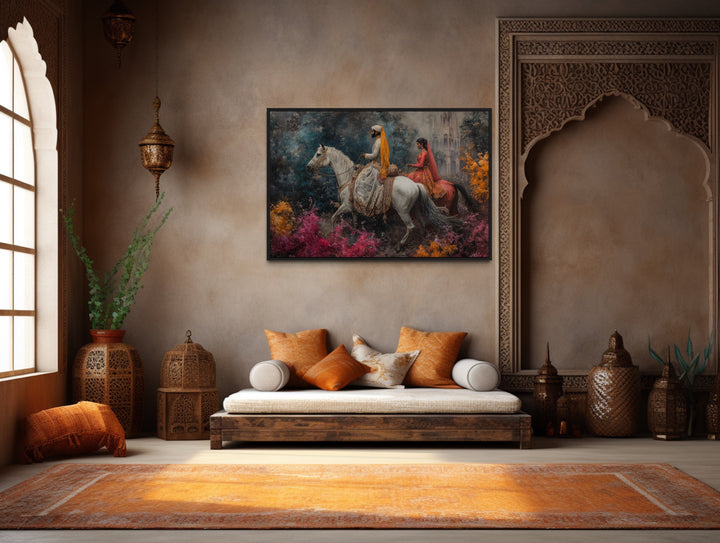 Persian Couple Horseback Ridings - Middle Eastern Framed Canvas Wall Art