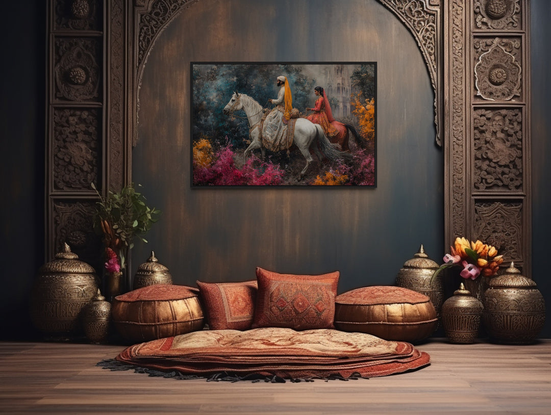 Persian Couple Horseback Ridings - Middle Eastern Framed Canvas Wall Art