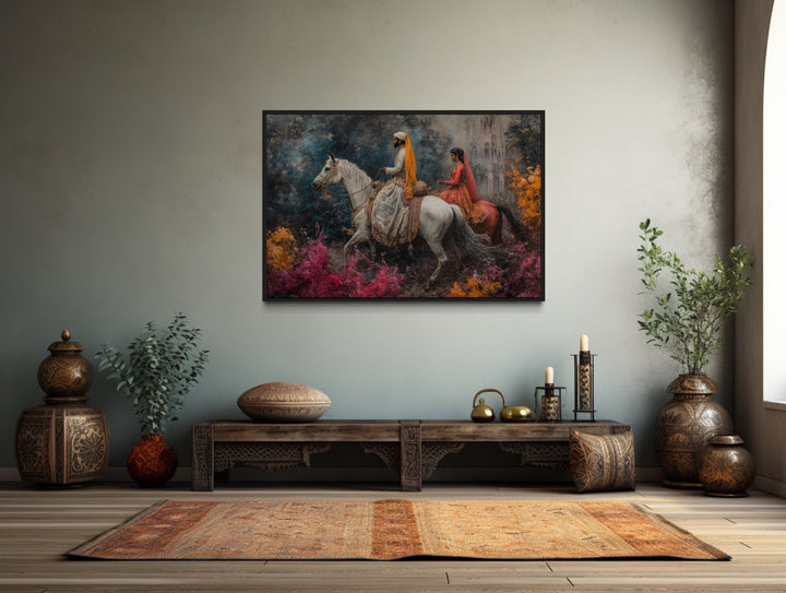 Persian Couple Horseback Ridings - Middle Eastern Framed Canvas Wall Art