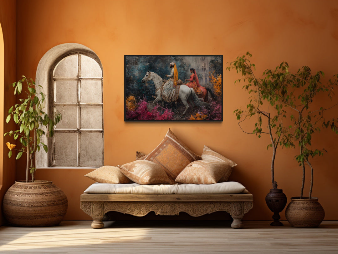 Persian Couple Horseback Ridings - Middle Eastern Framed Canvas Wall Art