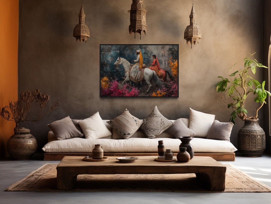 Persian Couple Horseback Ridings - Middle Eastern Framed Canvas Wall Art