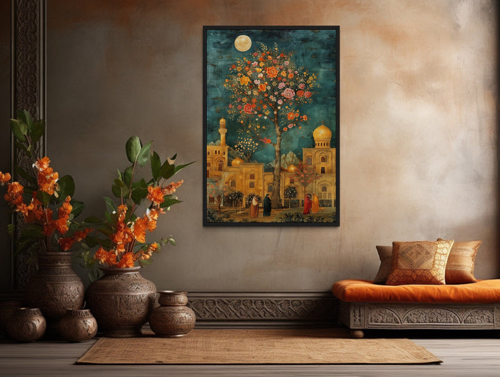 Persian Garden and Architecture Under Moonlight Framed Canvas Wall Art