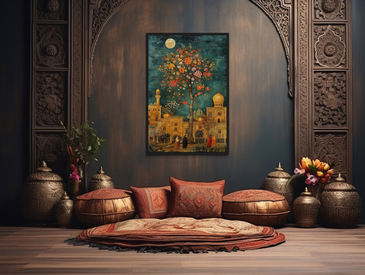 Persian Garden and Architecture Under Moonlight Framed Canvas Wall Art