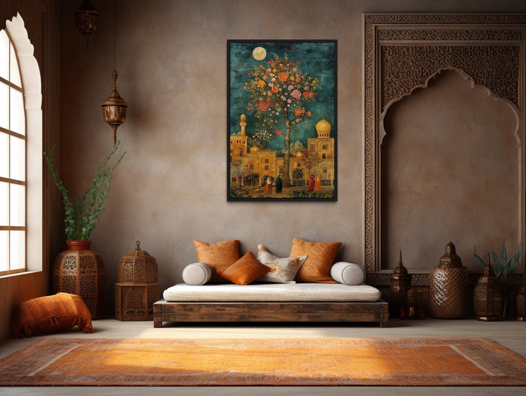 Persian Garden and Architecture Under Moonlight Framed Canvas Wall Art