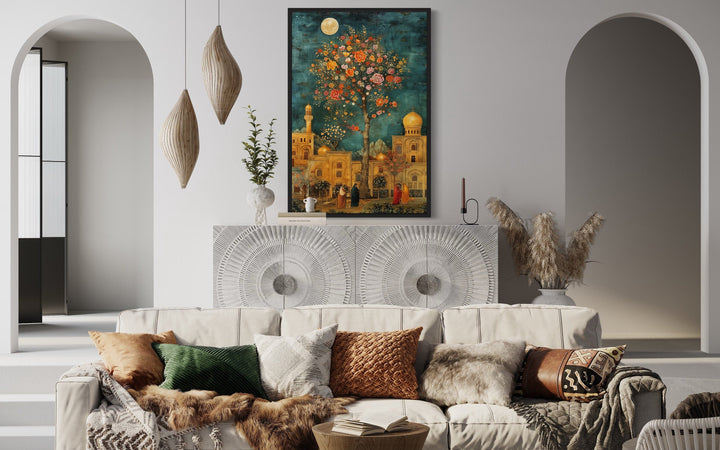 Persian Garden and Architecture Under Moonlight Framed Canvas Wall Art