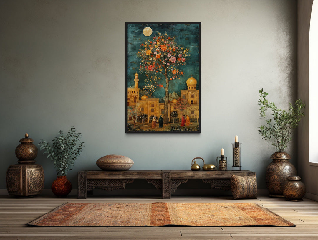 Persian Garden and Architecture Under Moonlight Framed Canvas Wall Art