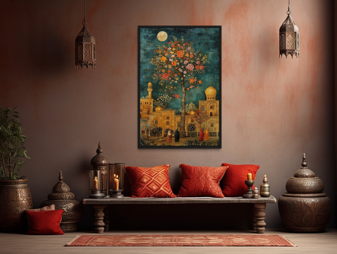 Persian Garden and Architecture Under Moonlight Framed Canvas Wall Art