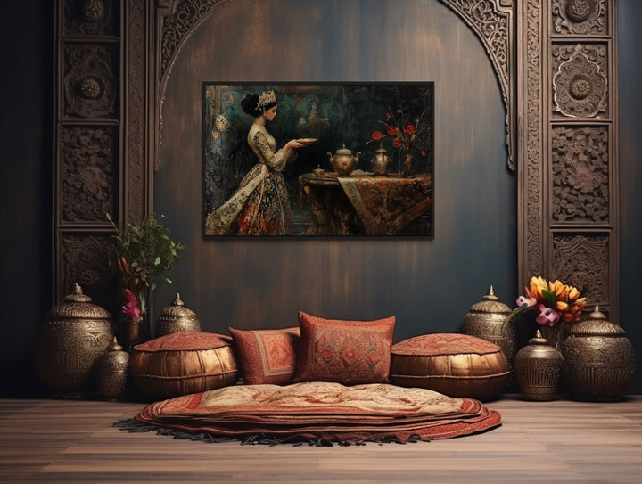 Persian Princess Serving Tea Framed Middle Eastern Canvas Wall Art